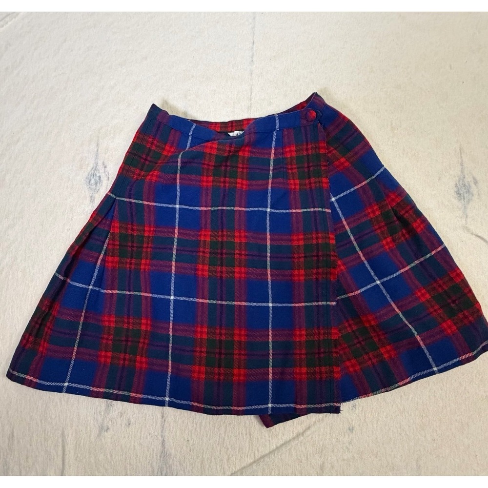 Vintage Wool Al Jean Plaid Skort Skirt Red Blue Pleated Size S Preppy